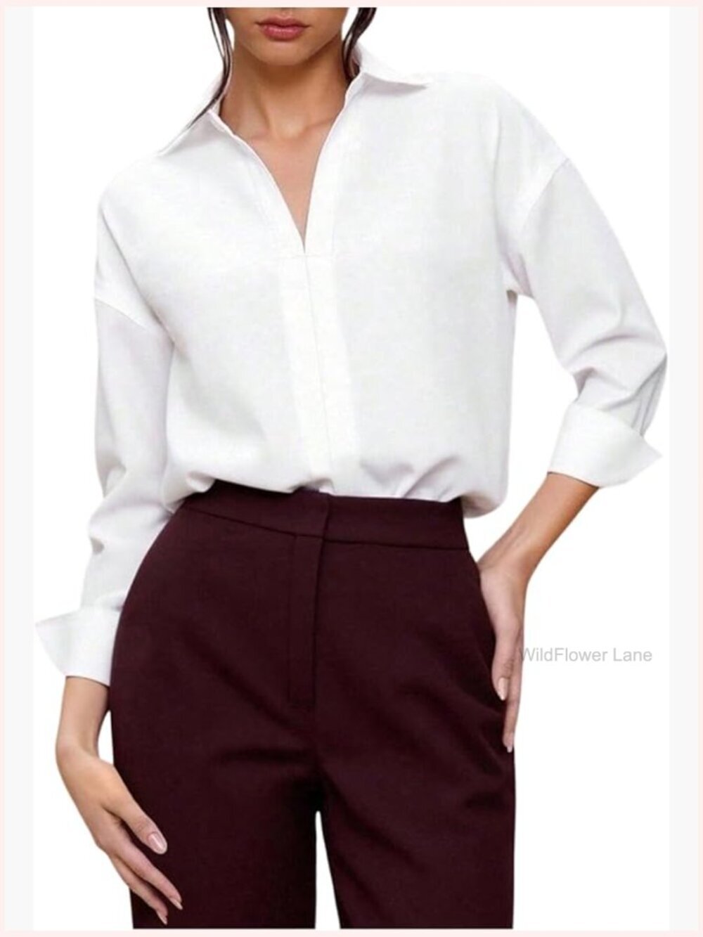 Plus Size Bodysuit Long Sleeve Collared V Neck Blouse